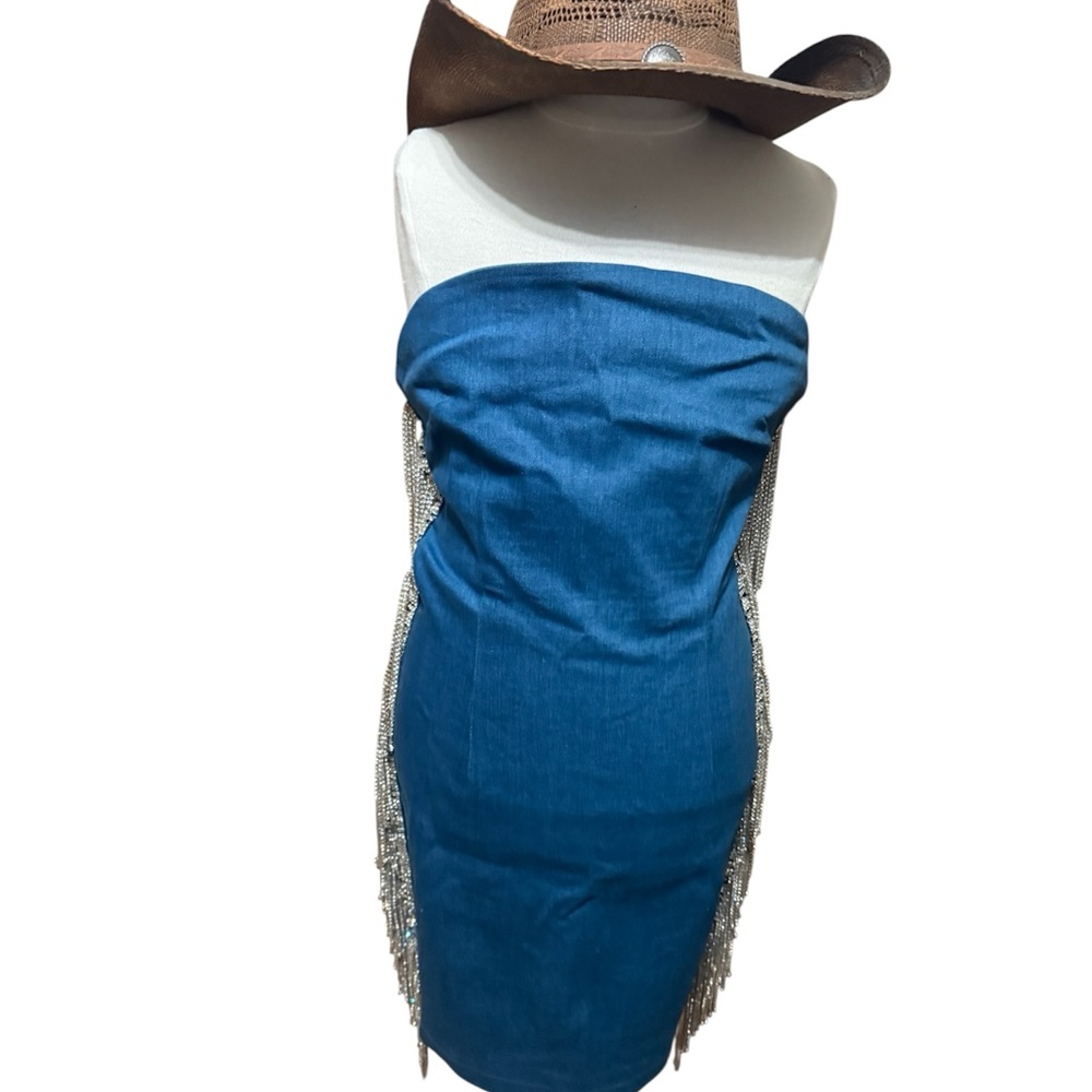 Akira Western Chain Bling Concert Strapless Denim Dress Size Med